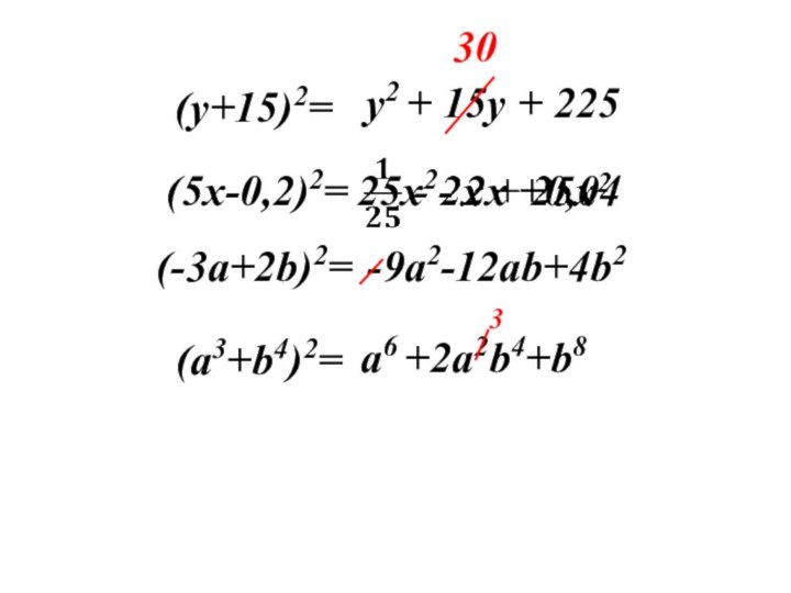 (y+15)2=y2 + 15y + 22530(5x-0,2)2=25x2- 2x +0,04(-3a+2b)2=-9a2-12ab+4b2(a3+b4)2=a6 +2a2b4+b83