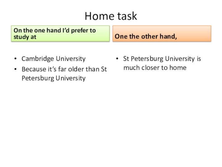 Home task On the one hand I’d prefer to study at Cambridge