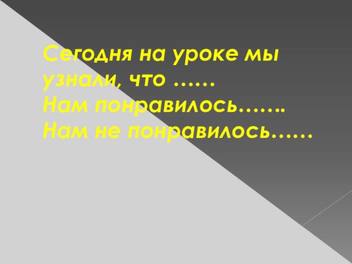 Сегодня на уроке мы узнали, что …… Нам понравилось……. Нам не понравилось……