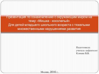 Презентация по ознакомлению с окружающим миром на тему: Мишка косолапый. Для детей младшего и среднего школьного возраста с тяжелыми множественными нарушениями развития.