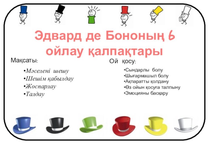 Эдвард де Бононың 6 ойлау қалпақтарыМәселені шешуШешім қабылдауЖоспарлауТалдауСындарлы болуШығармашыл болуАқпаратты қолдануӨз ойын қосуға талпынуЭмоцияны басқаруМақсаты:Ой қосу: