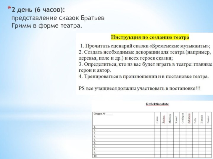 2 день (6 часов): представление сказок Братьев Гримм в форме театра.