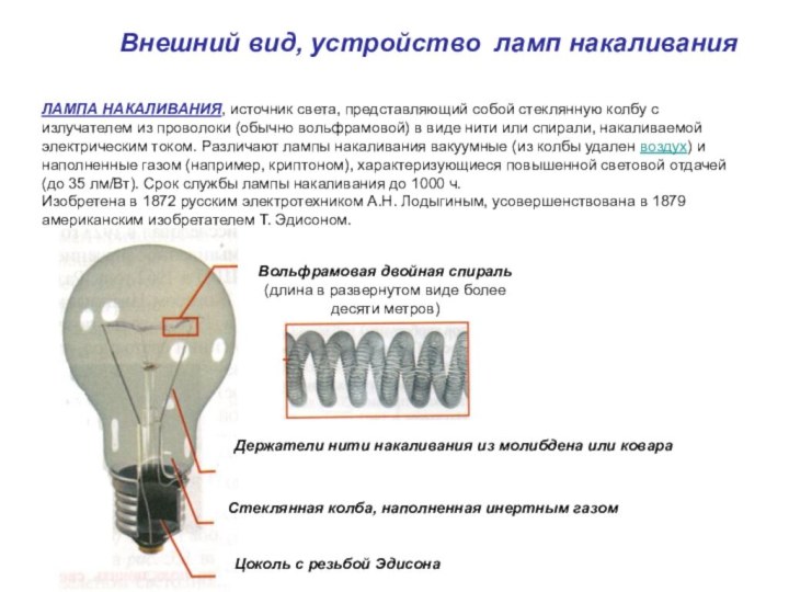 Внешний вид, устройство ламп накаливанияВольфрамовая двойная спираль (длина в развернутом виде более