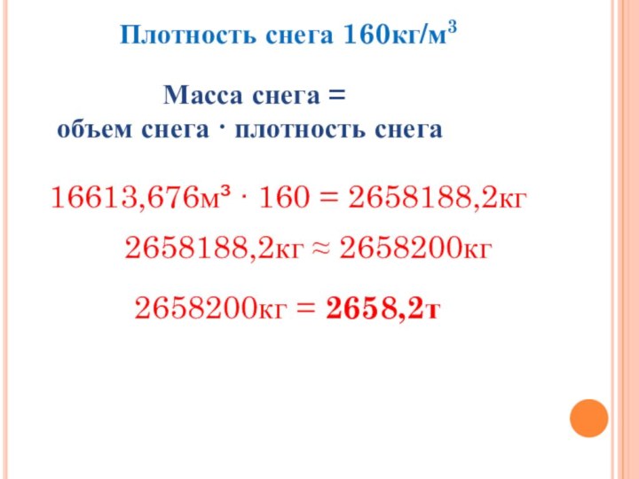 Плотность снега 160кг/м3        Масса снега