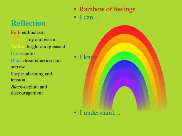 ReflectionRainbow of feelingsI can…I know….I understand…Red- enthusiasmOrange-joy and warmYellow-bright and pleasantGreen-calmBlue- dissatisfaction