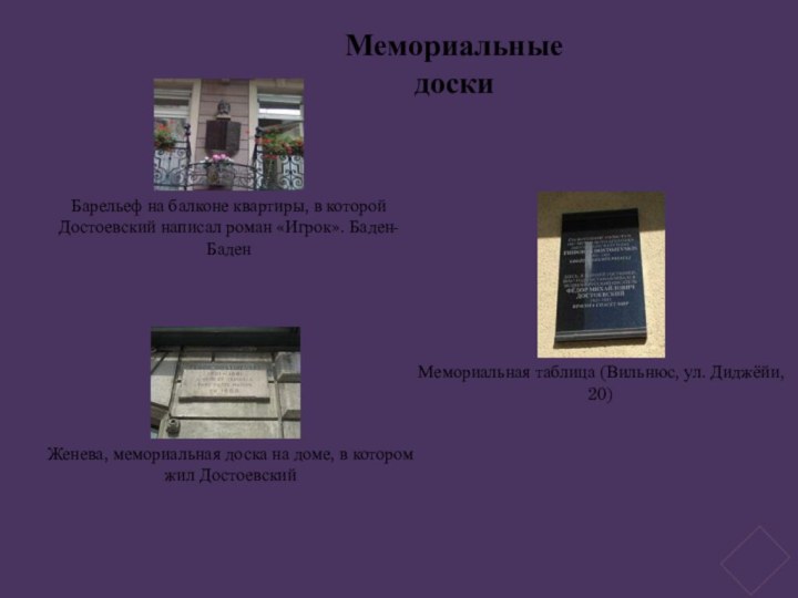 Барельеф на балконе квартиры, в которой Достоевский написал роман «Игрок». Баден-Баден Мемориальная таблица (Вильнюс, ул. Диджёйи,