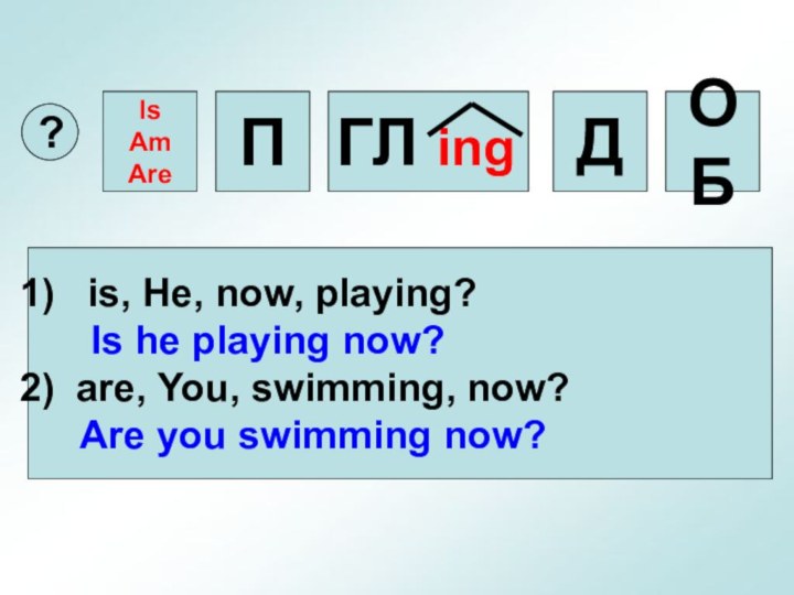 ПГЛ ingIsAmAreДОБ? is, He, now, playing?   Is he playing now?