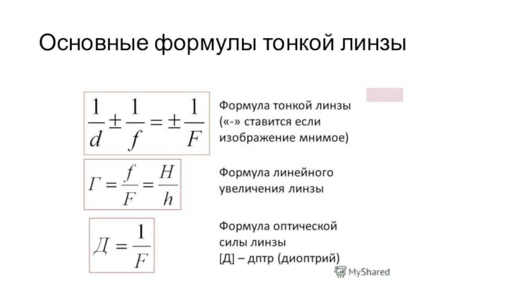 Основные формулы тонкой линзы