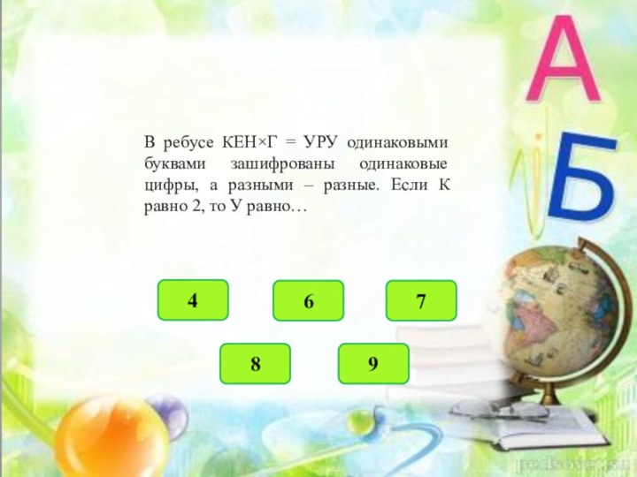 В ребусе КЕН×Г = УРУ одинаковыми буквами зашифрованы одинаковые цифры, а