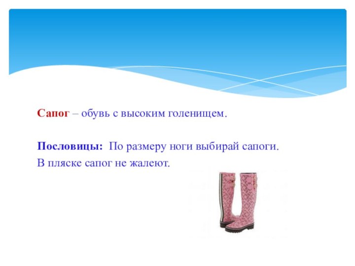 Сапог – обувь с высоким голенищем.Пословицы: По размеру ноги выбирай сапоги.В пляске сапог не жалеют.