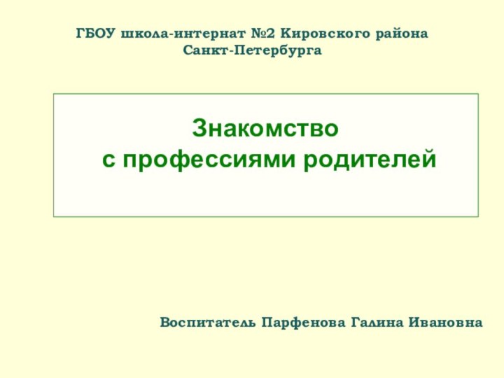 Воспитатель Парфенова Галина ИвановнаЗнакомство с профессиями родителейГБОУ школа-интернат №2 Кировского района