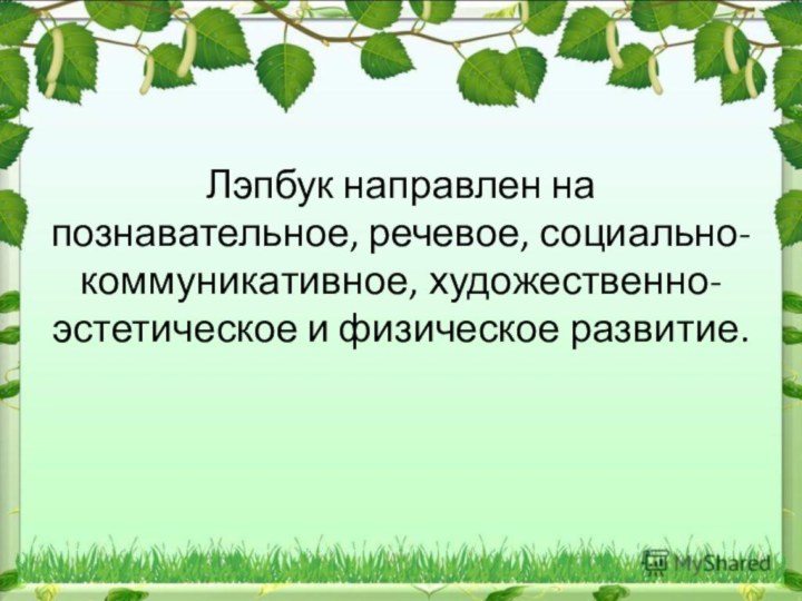 Лэпбук направлен на познавательное, речевое, социально-коммуникативное, художественно-эстетическое и физическое развитие.