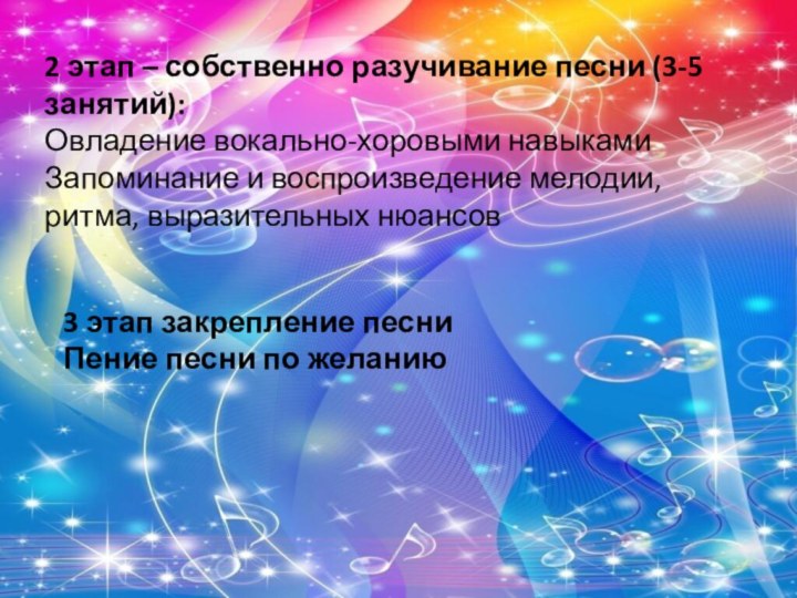 2 этап – собственно разучивание песни (3-5 занятий):Овладение вокально-хоровыми навыкамиЗапоминание и воспроизведение