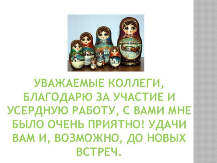 Уважаемые коллеги, благодарю за участие и усердную работу, с Вами мне было