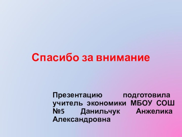 Спасибо за вниманиеПрезентацию подготовила учитель экономики МБОУ СОШ №5 Данильчук Анжелика Александровна