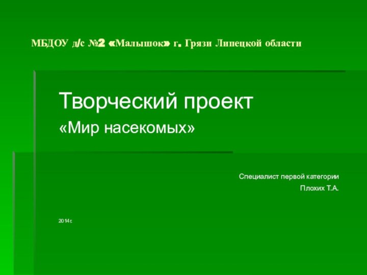 МБДОУ д/с №2 «Малышок» г. Грязи Липецкой областиТворческий проект«Мир насекомых»