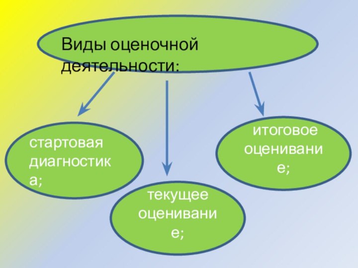 Виды оценочной деятельности:стартовая диагностика;текущее оценивание; итоговое оценивание;