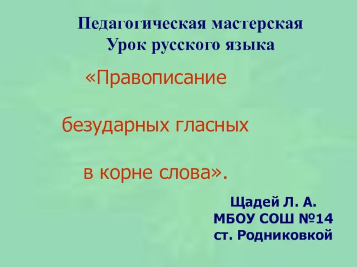 Педагогическая мастерскаяУрок русского языка Щадей Л. А.МБОУ СОШ №14ст. Родниковкой«Правописание