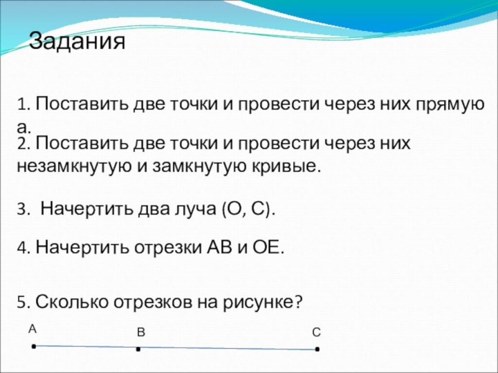 Задания1. Поставить две точки и провести через них прямую а.2. Поставить две