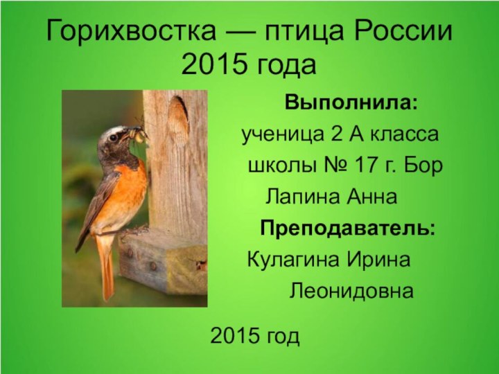Горихвостка — птица России 2015 года    Выполнила:ученица 2 А