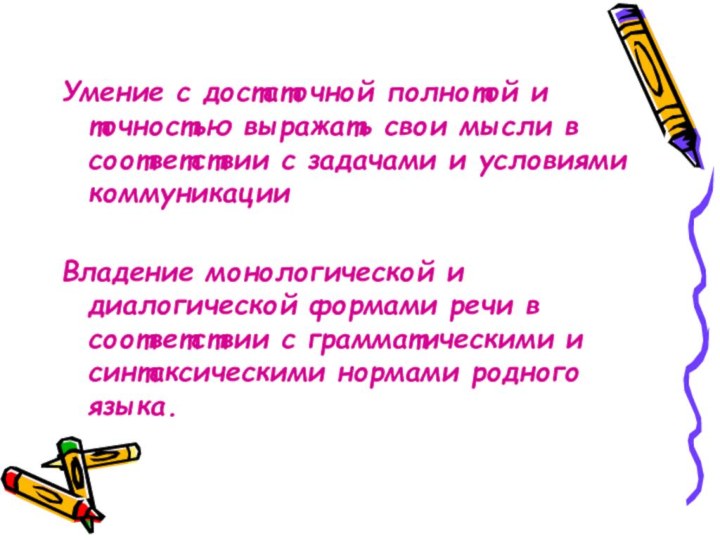 Умение с достаточной полнотой и точностью выражать свои мысли в соответствии с