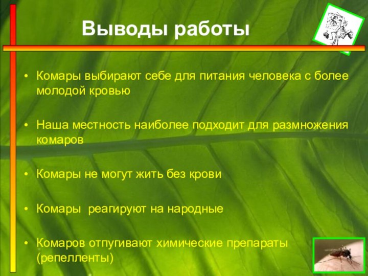 Выводы работыКомары выбирают себе для питания человека с более молодой кровьюНаша местность