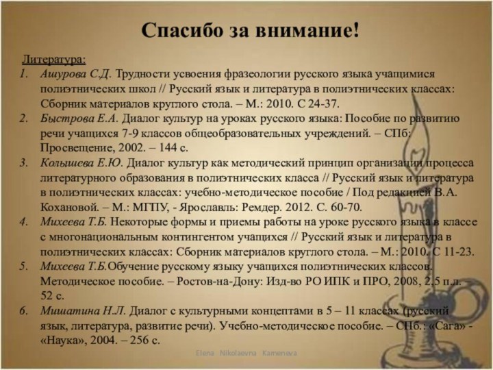 Спасибо за внимание!Литература:Ашурова С.Д. Трудности усвоения фразеологии русского языка учащимися полиэтнических школ