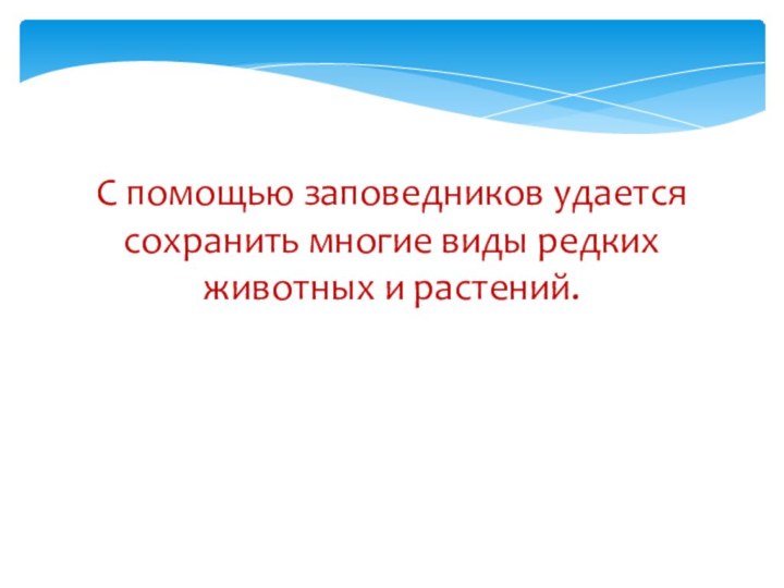 С помощью заповедников удается сохранить многие виды редких животных и растений.КонеЦ