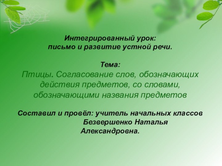 Интегрированный урок:письмо и развитие устной речи.Тема: Птицы. Согласование слов, обозначающих действия предметов,