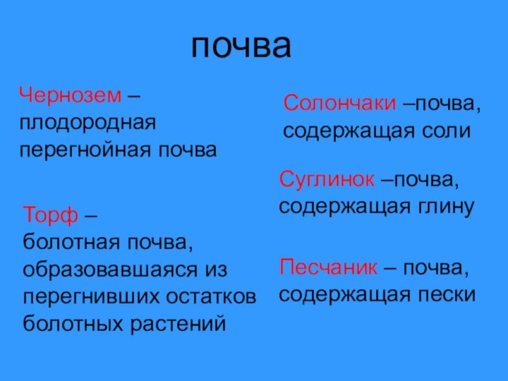 почваЧернозем – плодородная перегнойная почва Торф –болотная почва, образовавшаяся из перегнивших остатков