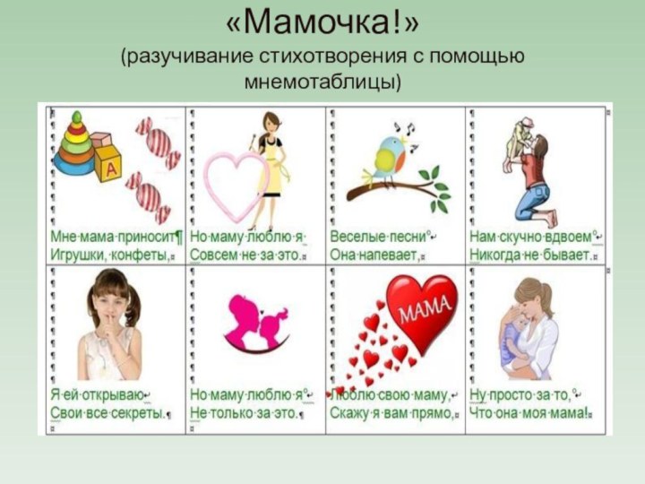 «Мамочка!» (разучивание стихотворения с помощью мнемотаблицы)