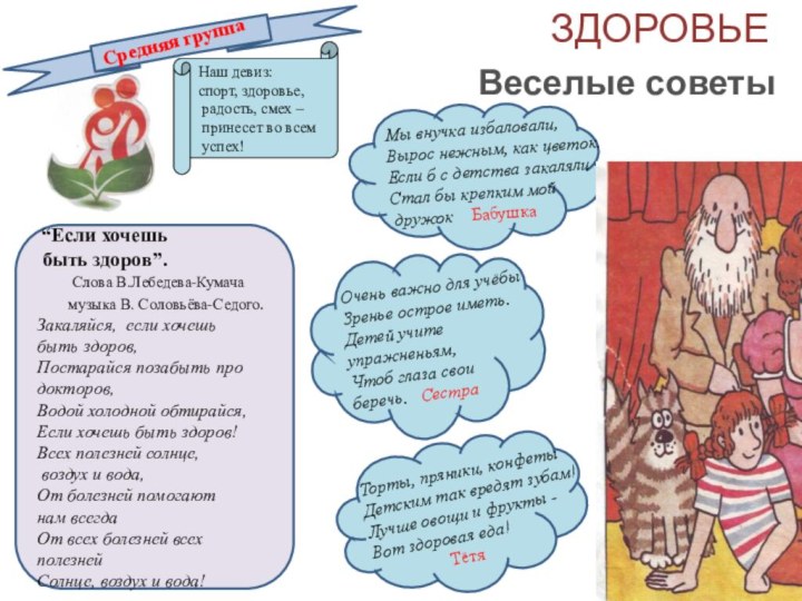 ЗДОРОВЬЕНаш девиз:спорт, здоровье, радость, смех – принесет во всем успех! Средняя