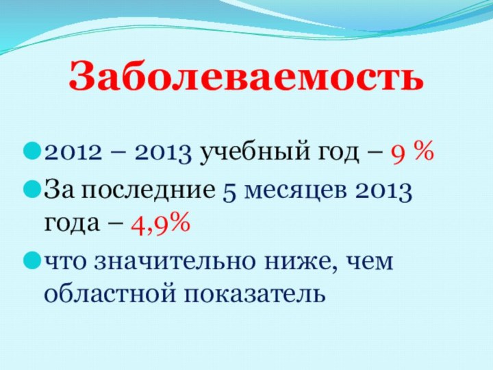 Заболеваемость 2012 – 2013 учебный год – 9 %За последние 5 месяцев