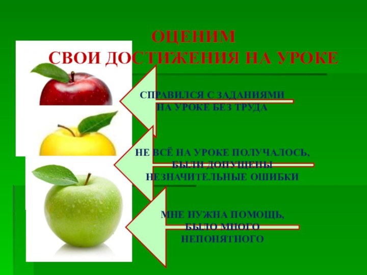 ОЦЕНИМ СВОИ ДОСТИЖЕНИЯ НА УРОКЕСПРАВИЛСЯ С ЗАДАНИЯМИ НА УРОКЕ БЕЗ ТРУДАНЕ ВСЁ