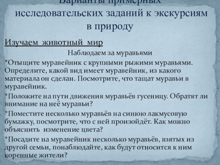 Изучаем животный мирНаблюдаем за муравьями*Отыщите муравейник с крупными рыжими муравьями. Определите, какой