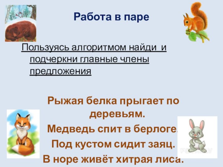 Работа в пареПользуясь алгоритмом найди и подчеркни главные члены предложенияРыжая белка прыгает