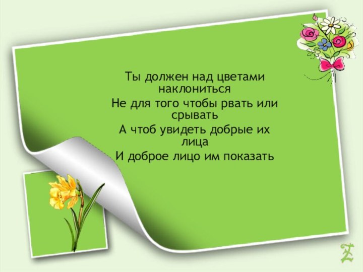 Ты должен над цветами наклониться Не для того чтобы рвать или срыватьА