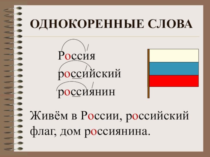 Однокоренные словаРоссияроссийскийроссиянинЖивём в России, российский флаг, дом россиянина.