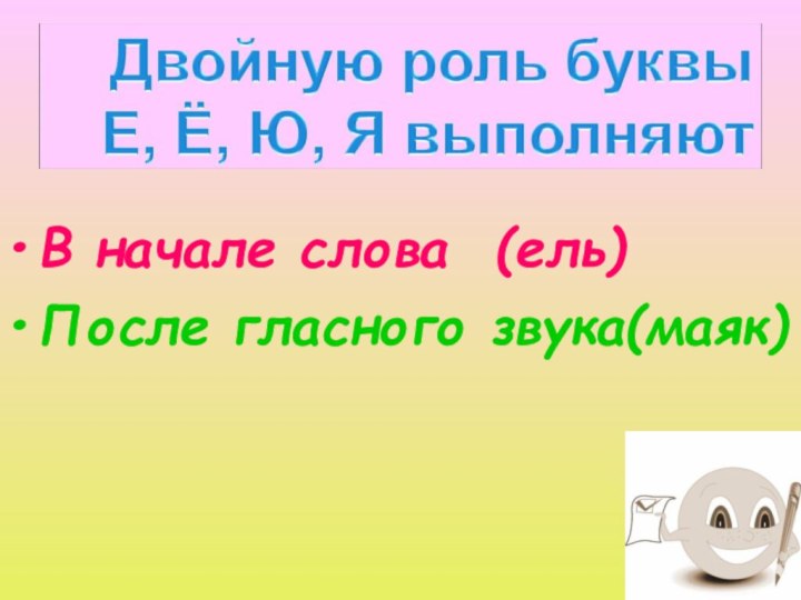 В начале слова (ель)После гласного звука(маяк)