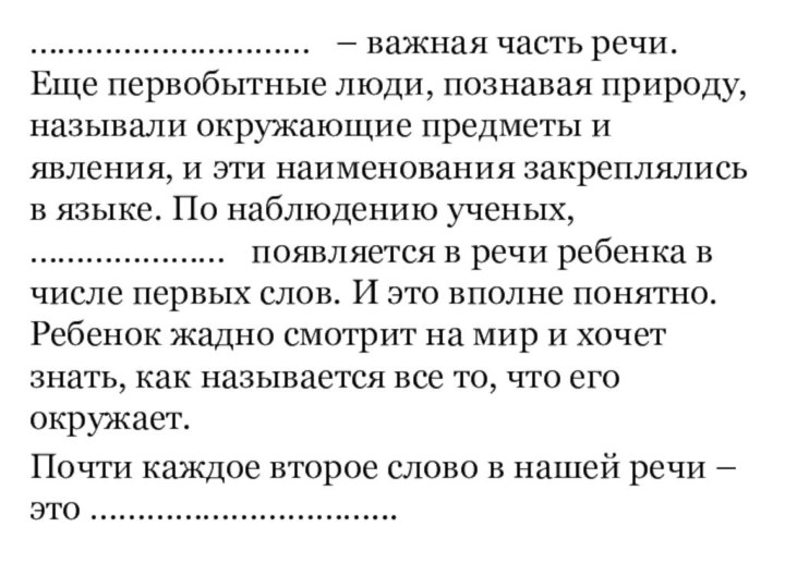 …………………………  – важная часть речи. Еще первобытные люди, познавая природу, называли