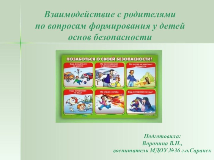 Взаимодействие с родителями  по вопросам формирования у детей основ безопасностиПодготовила: Воронина