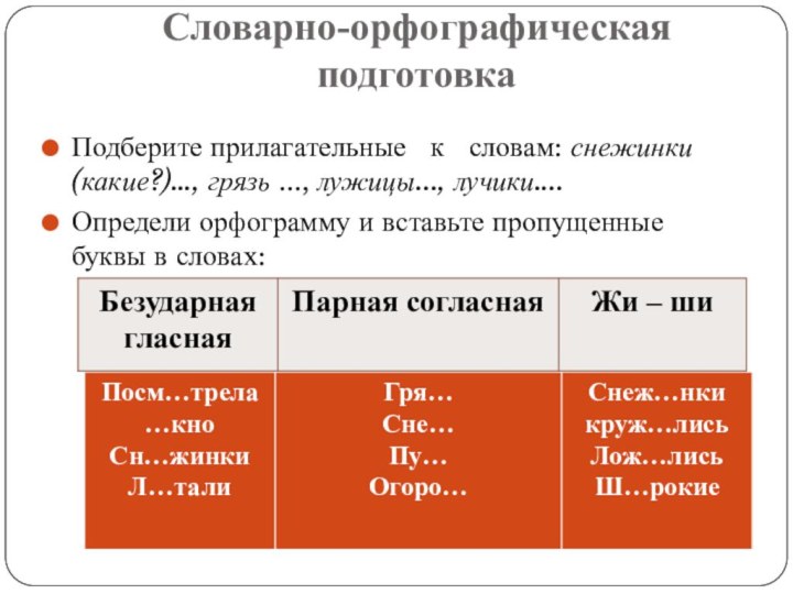 Словарно-орфографическая подготовкаПодберите прилагательные  к  словам: снежинки (какие?)…, грязь ..., лужицы...,