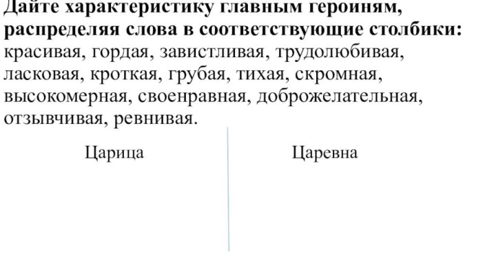 Дайте характеристику главным героиням, распределяя слова в соответствующие столбики: красивая, гордая, завистливая,