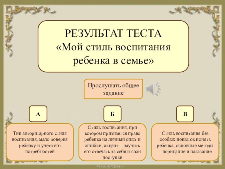 РЕЗУЛЬТАТ ТЕСТА«Мой стиль воспитания ребенка в семье»Прослушать общее заданиеАБВТип авторитарного стиля воспитания,