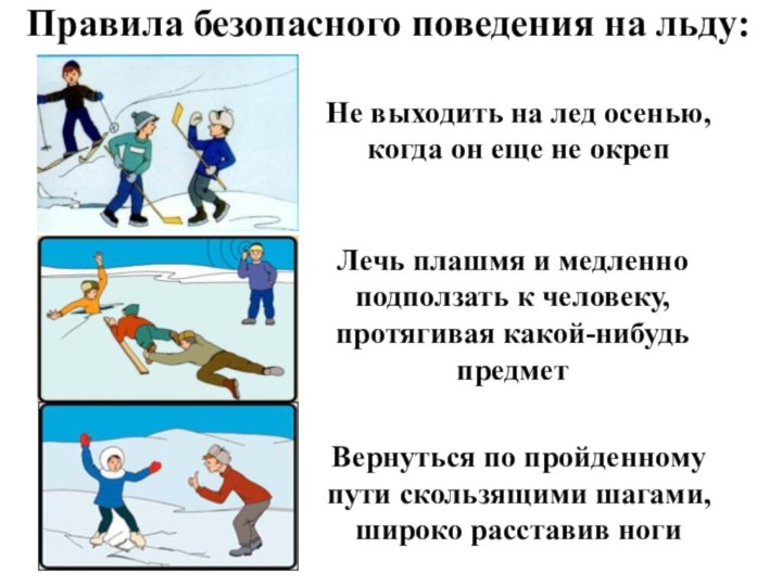 Правила безопасного поведения на льду:Не выходить на лед осенью, когда он еще