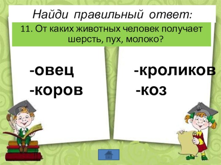 Найди правильный ответ:11. От каких животных человек получает шерсть, пух, молоко?