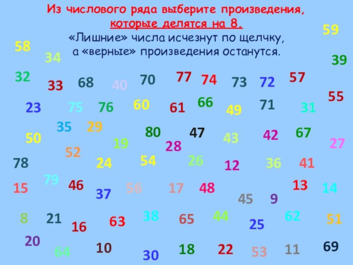 Из числового ряда выберите произведения, которые делятся на 8. «Лишние» числа исчезнут