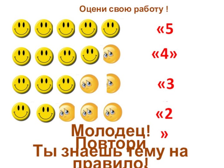 Оцени свою работу !«5»«4»«3»«2»Повтори правило!Молодец! Ты знаешь тему на отлично!