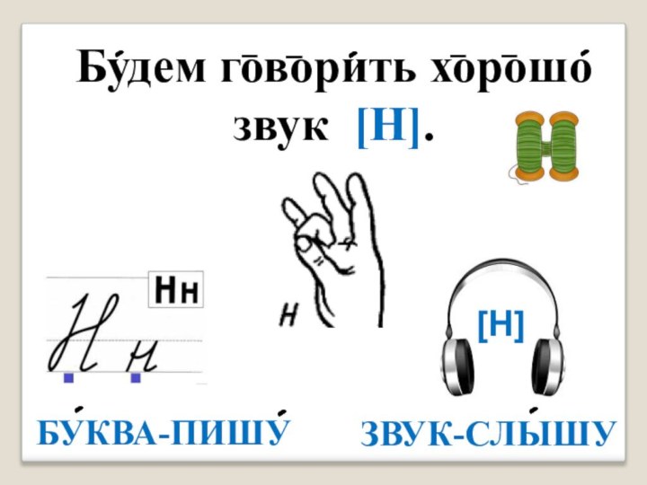 Будем говорить хорошозвук [Н].ЗВУК-СЛЫШУ[Н]БУКВА-ПИШУ