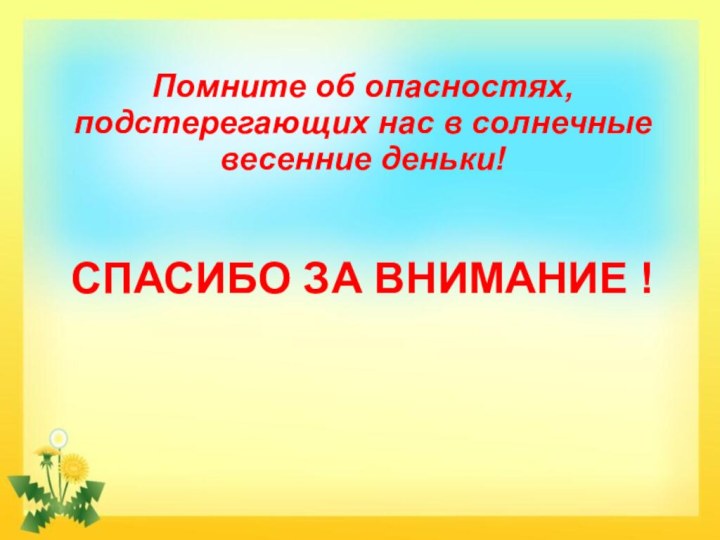 СПАСИБО ЗА ВНИМАНИЕ !Помните об опасностях, подстерегающих нас в солнечные весенние деньки!